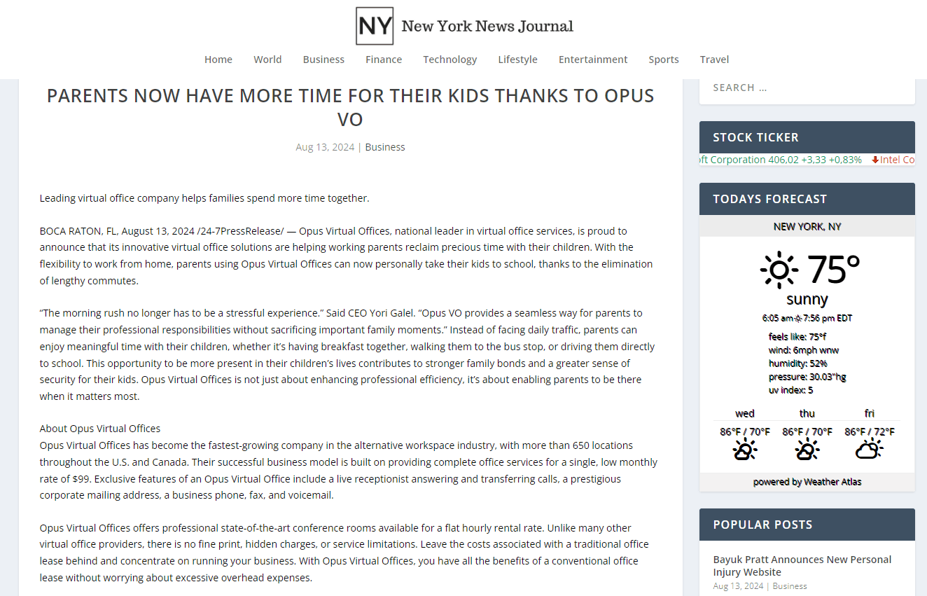 article from 'New York News Journal' about Opus Virtual Offices.