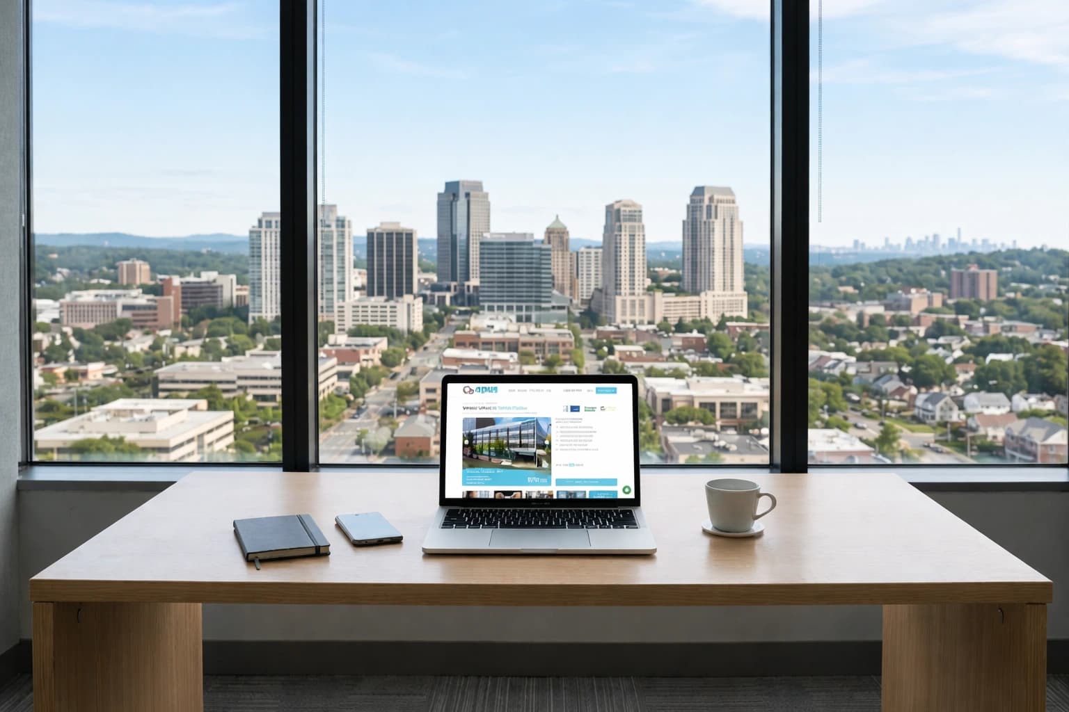 Workspace with laptop on desk overlooking a city skyline through large windows.