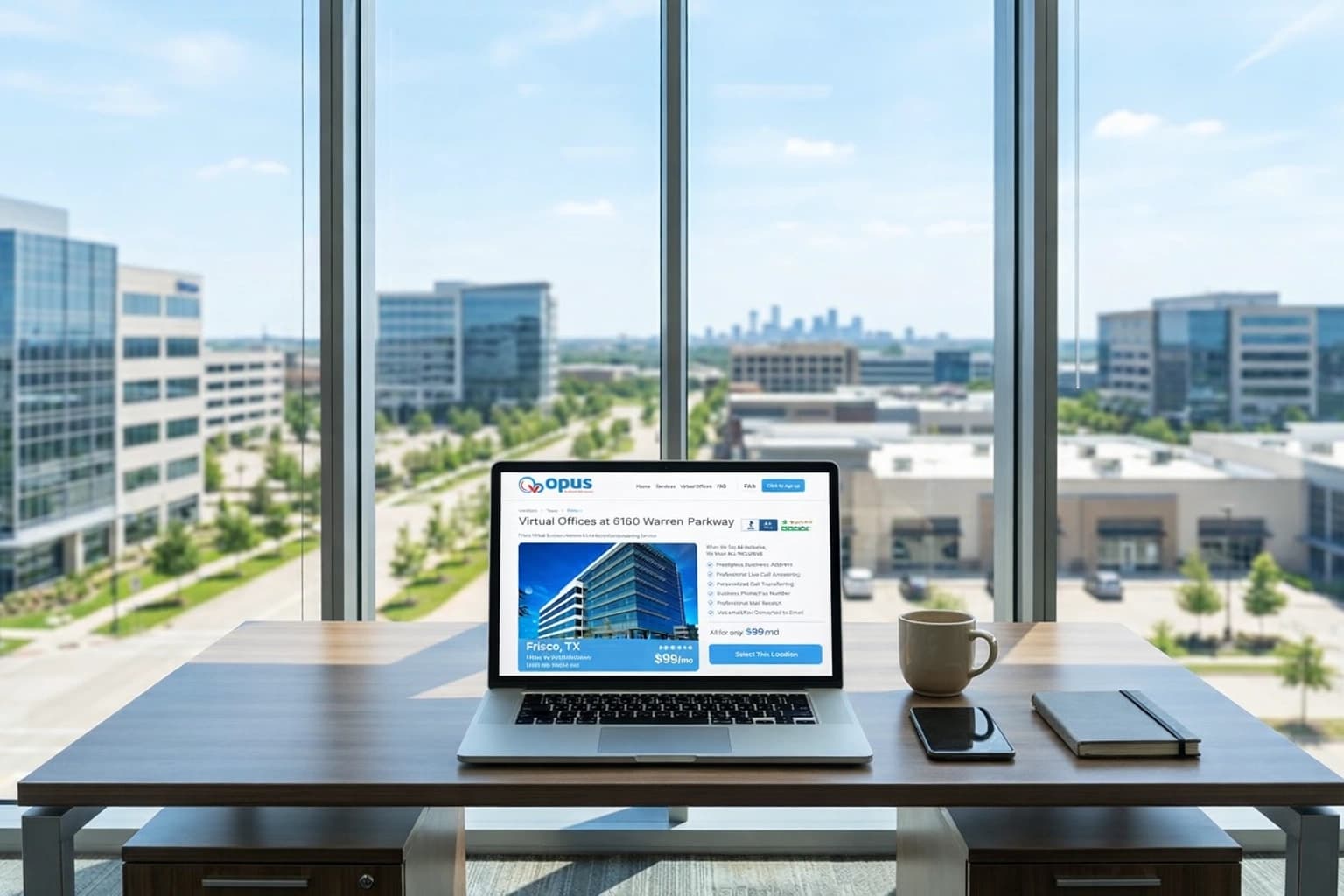 Laptop displaying Opus Virtual Offices Frisco Texas website at 6160 Warren Parkway with Dallas skyline view in background