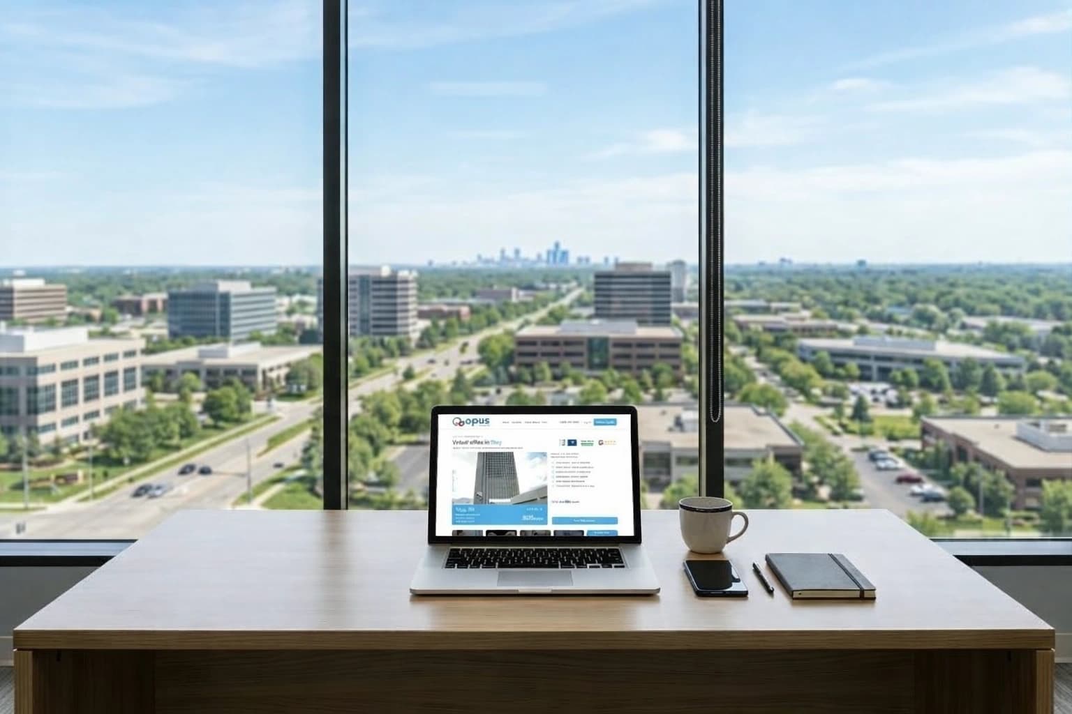 Laptop displaying Opus Virtual Offices Troy Michigan website with Detroit metro skyline view from 755 W Big Beaver Road