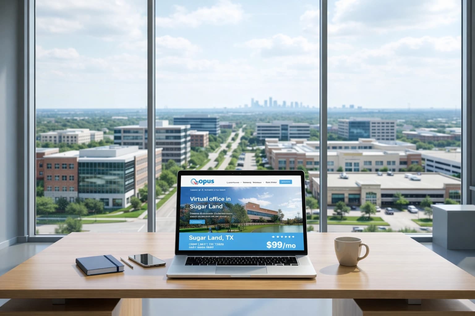 Laptop displaying virtual office services on a desk with a city view of Sugar Land, Texas