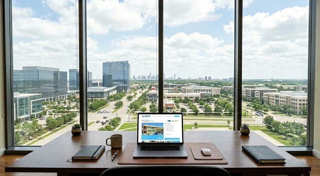 Workspace desk with laptop overlooking a city view through large office windows in Irvine, California.