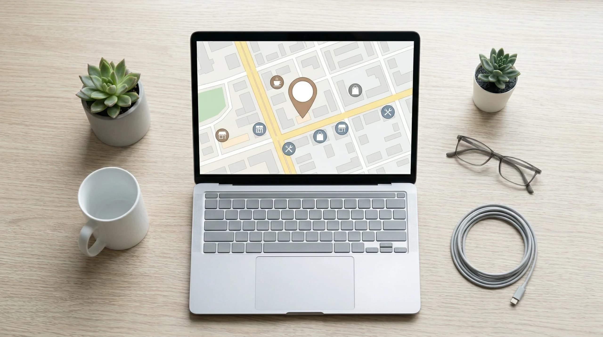 Laptop displaying a map with location pin on a desk with coffee mug, plant, and accessories