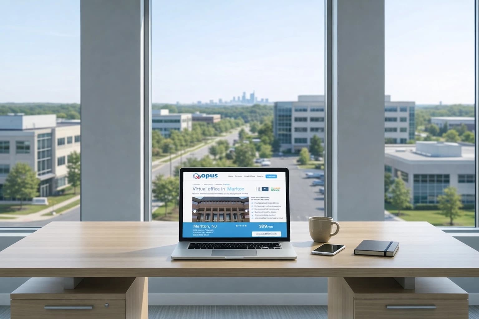 Modern office desk with laptop displaying virtual office website, coffee cup, and phone overlooking a business park.