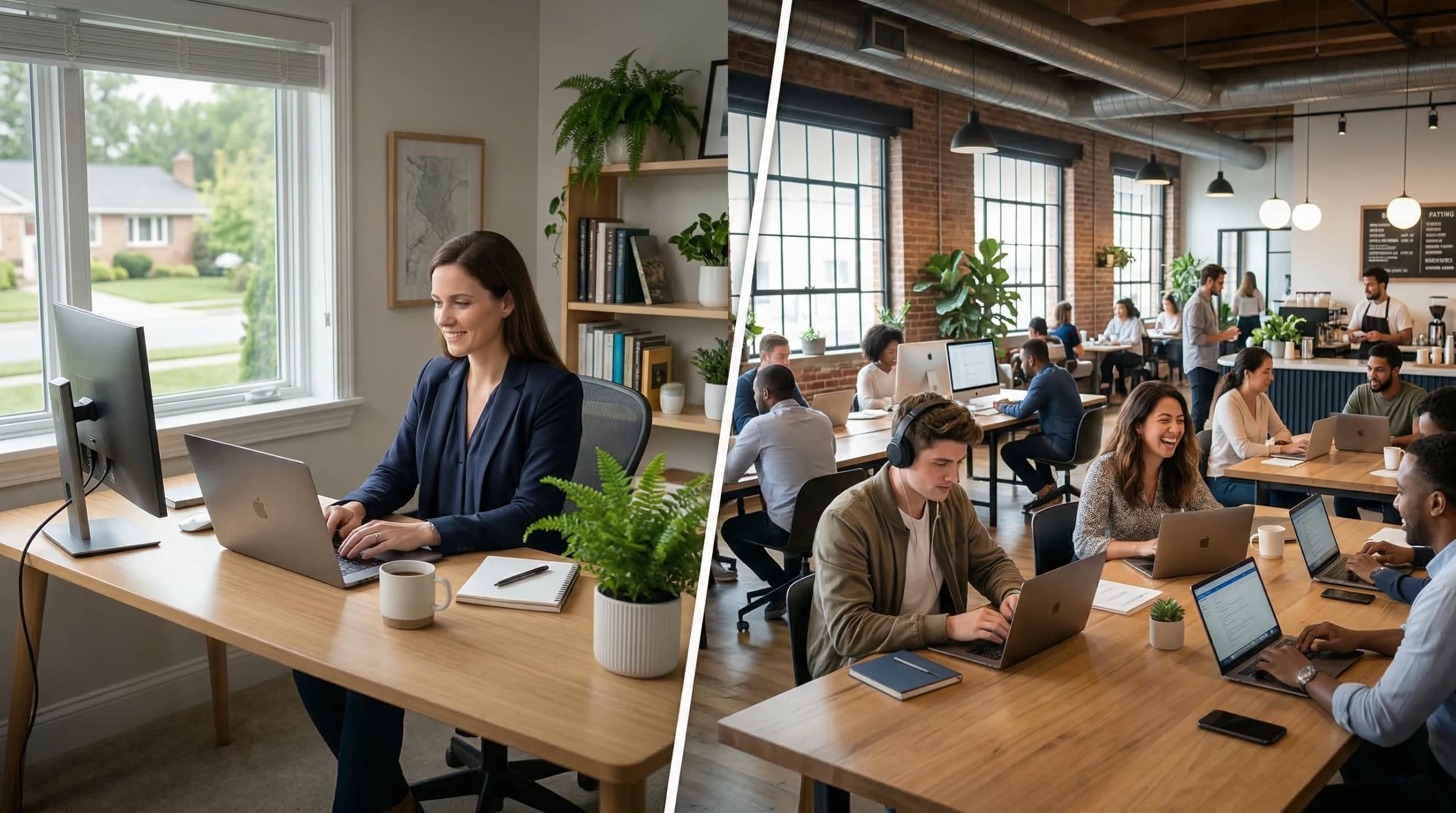 Split image showing a woman working from a home office on one side and a busy coworking office on the other.