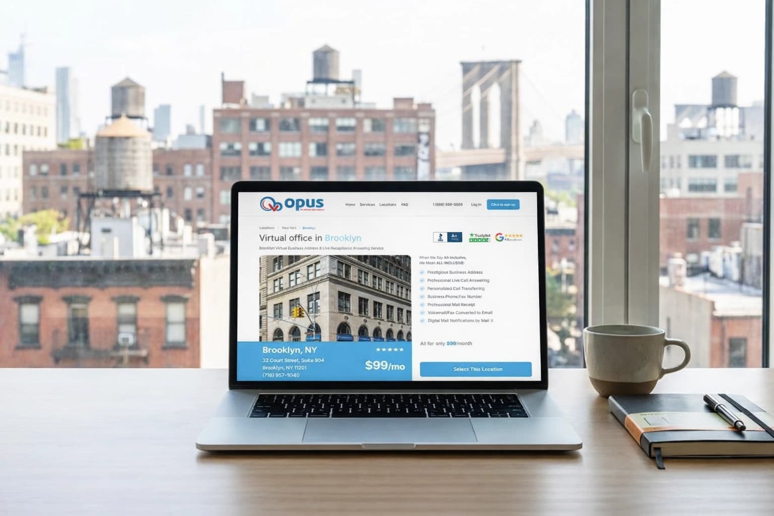 Laptop displaying the Opus Virtual Office New York City Brooklyn location page with skyline view in the background.