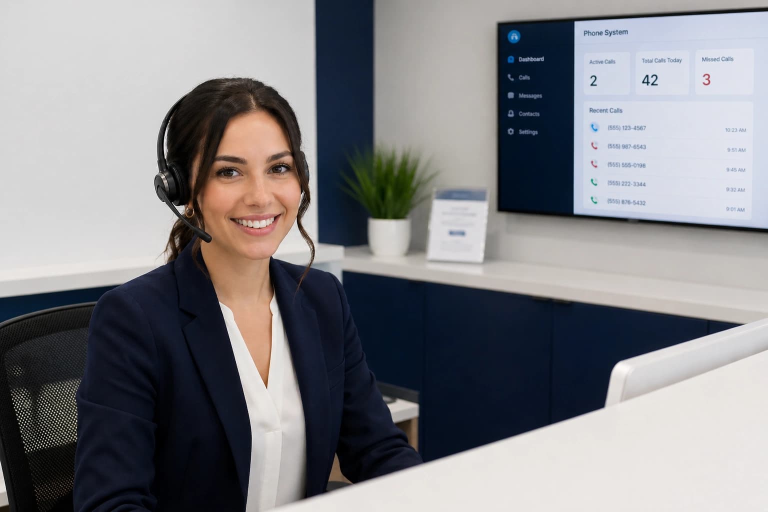 Professional live receptionist wearing a headset assisting clients at a modern office reception desk.