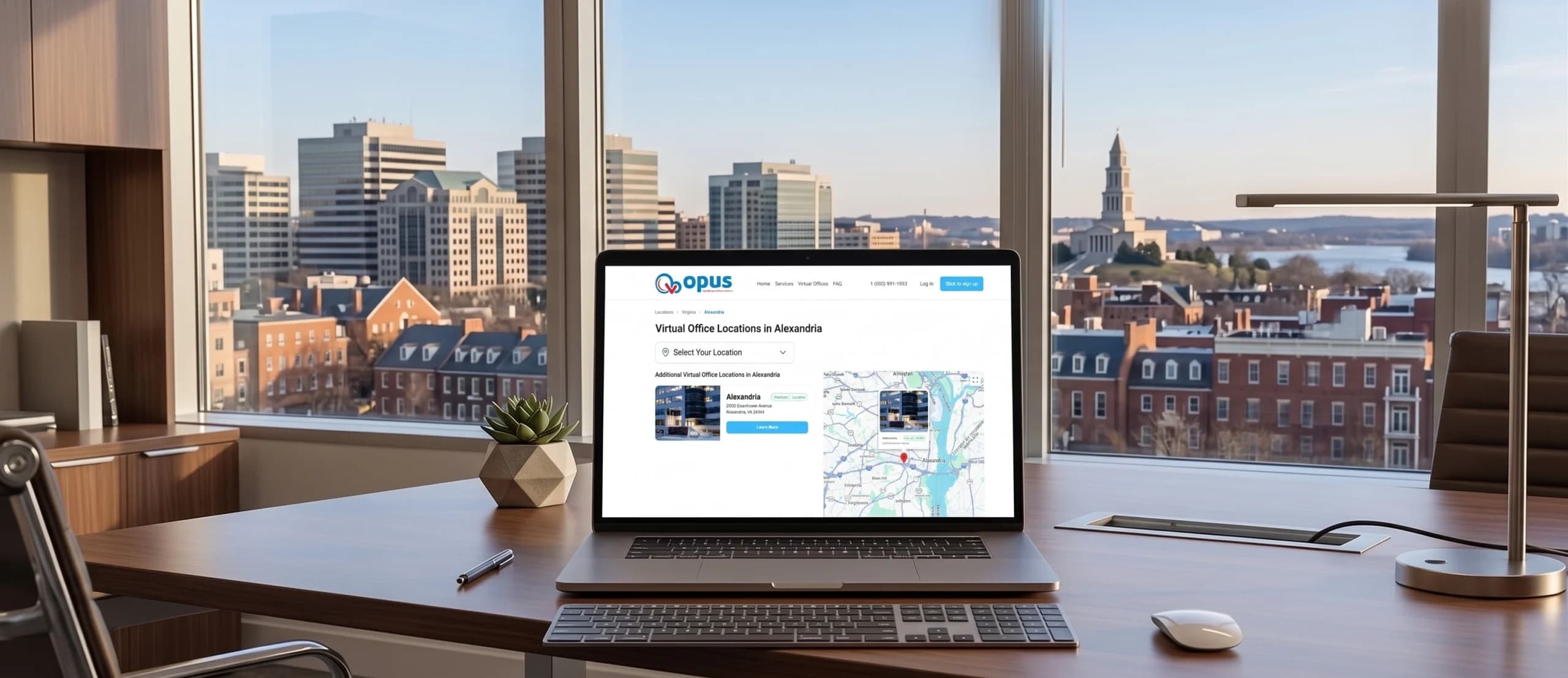 Laptop displaying Opus virtual office locations in Alexandria on a modern executive desk with a city skyline view in the background.