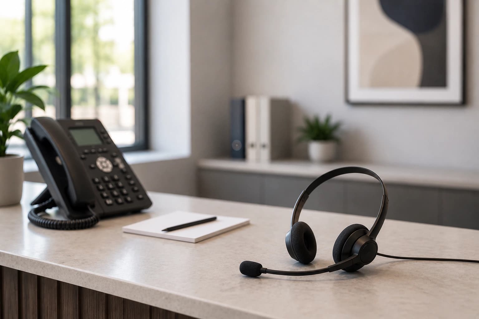 Close-up of a clean minimalist reception desk featuring a modern black headset, an office telephone, and a notepad.