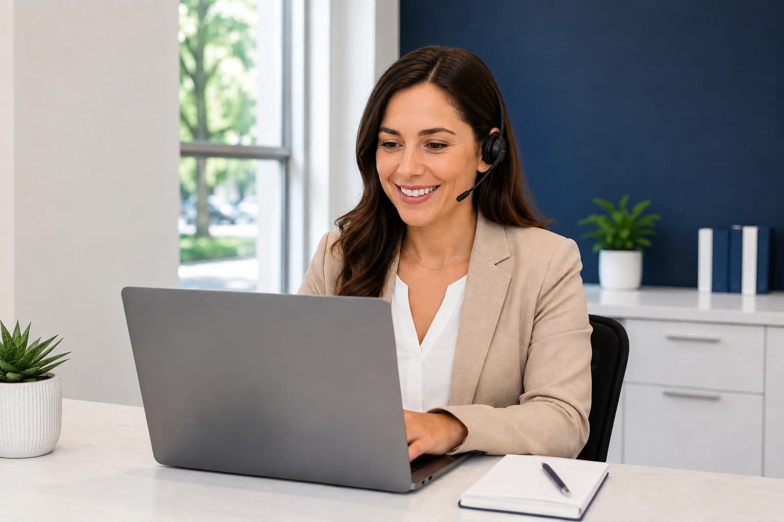 Professional live receptionist wearing a headset while assisting clients on a laptop in a modern office setting