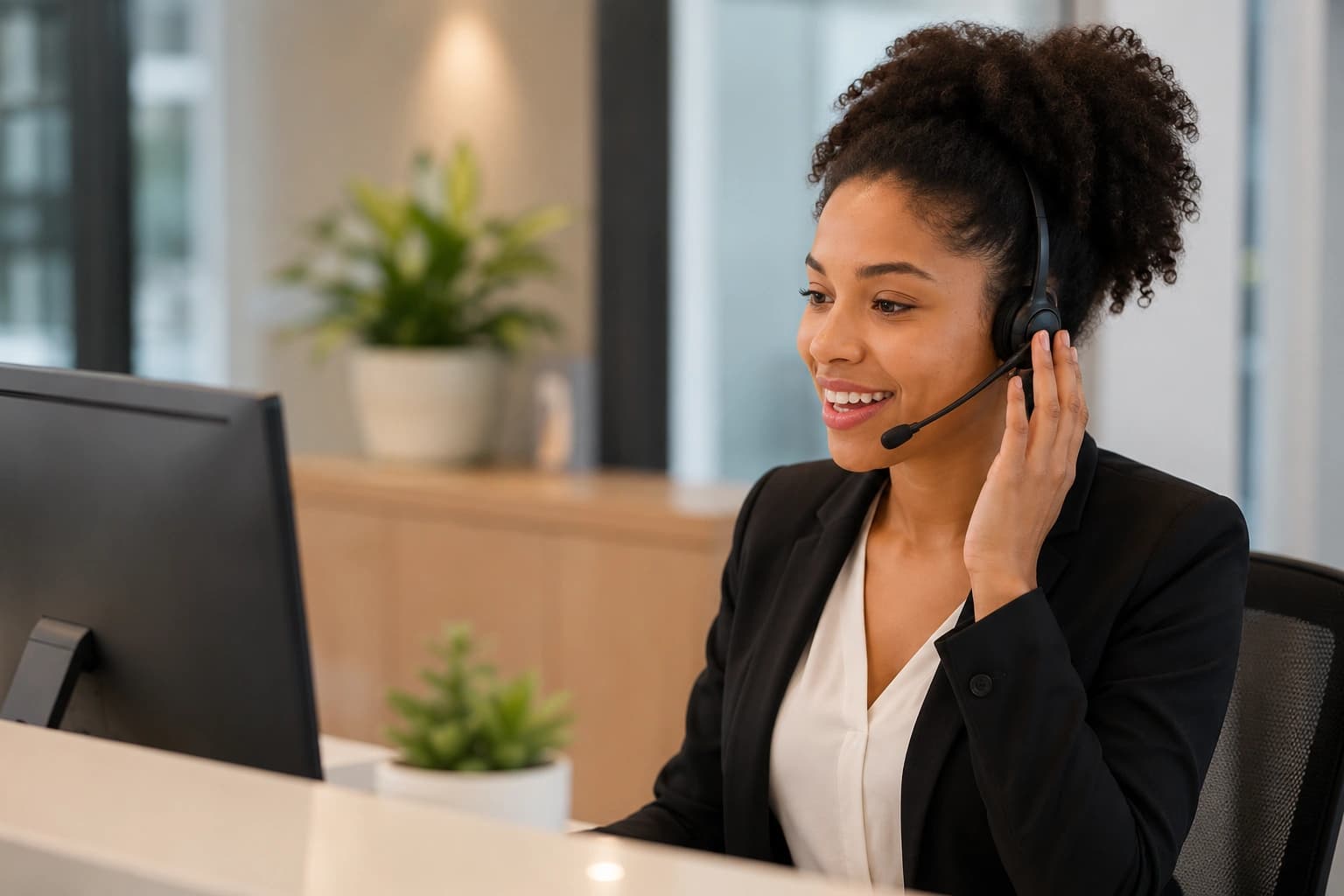Professional receptionist wearing a headset and smiling while assisting a caller from a modern office workstation.