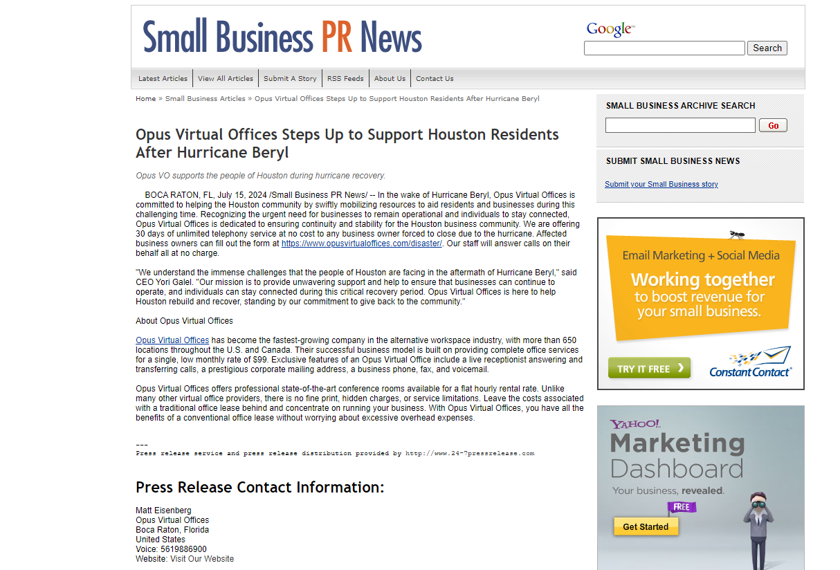 Opus Virtual Offices Steps Up to Support Houston Residents After Hurricane Beryl