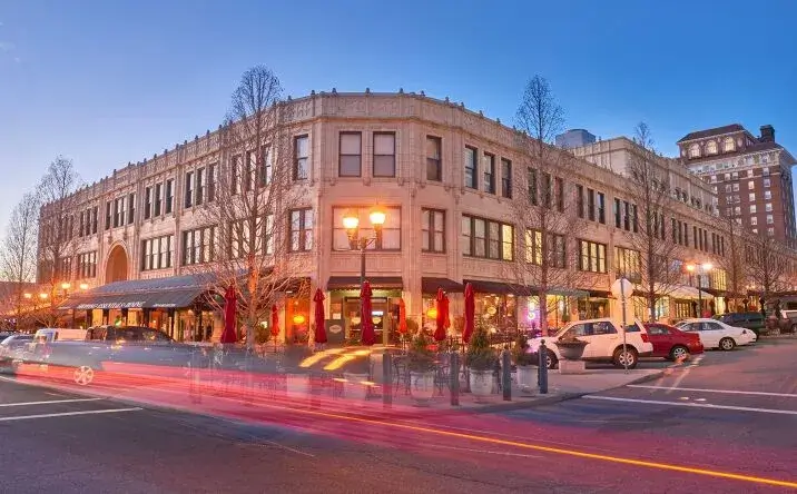 Outdoor twilight street view of the Asheville, North Carolina virtual office location.
